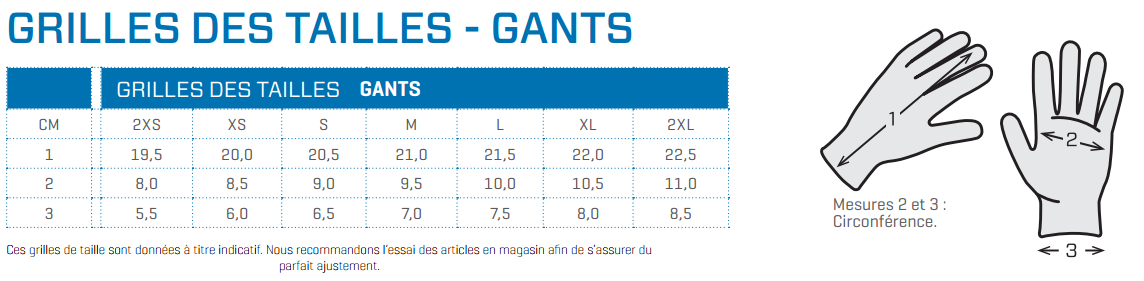 Guide de tailles gants scubapro